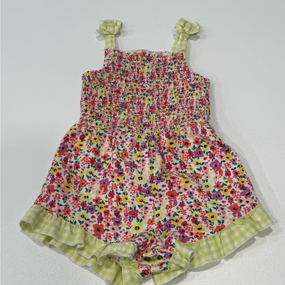 Wonder Nation Floral Romper with Green Gingham Trim - Picture 1 of 4